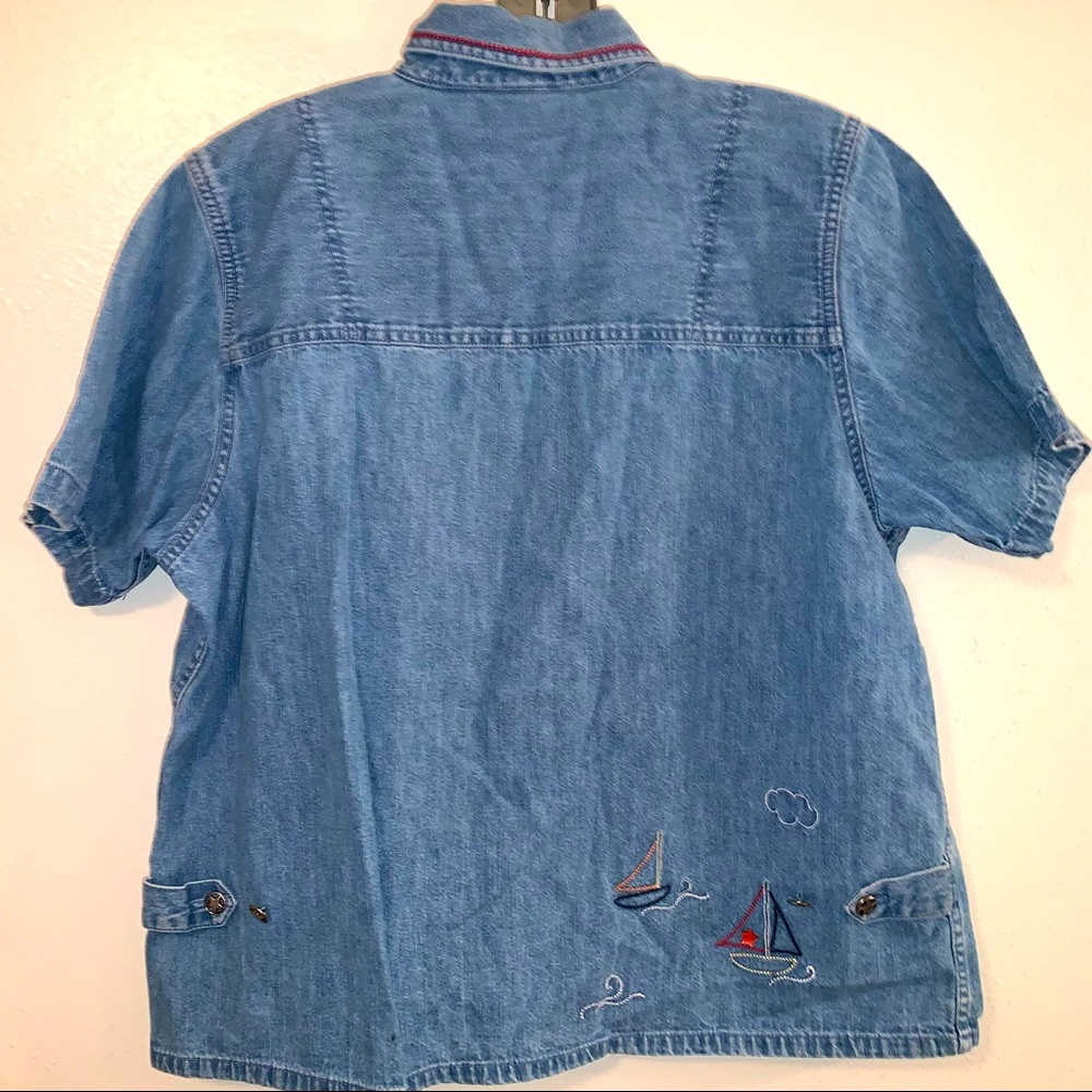 Christopher & Banks Large Cotton Denim Look Embroidered Nautical Theme Shirt - Picture 9 of 11